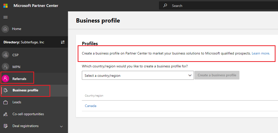 Microsoft Partner Center Business profile