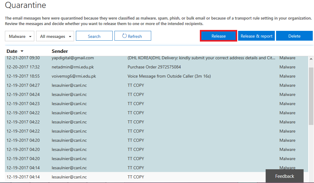 Exchange Online Protection: Quarantined Message Preview and Bulk Release Quarantine Image