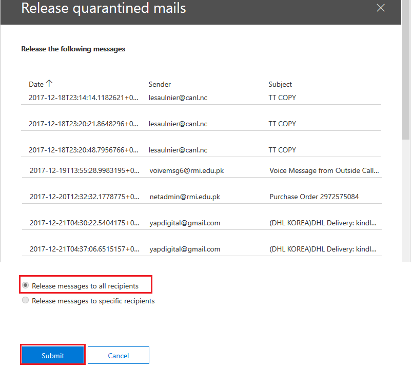 Exchange Online Protection: Quarantined Message Preview and Bulk Release Quarantine Email Image