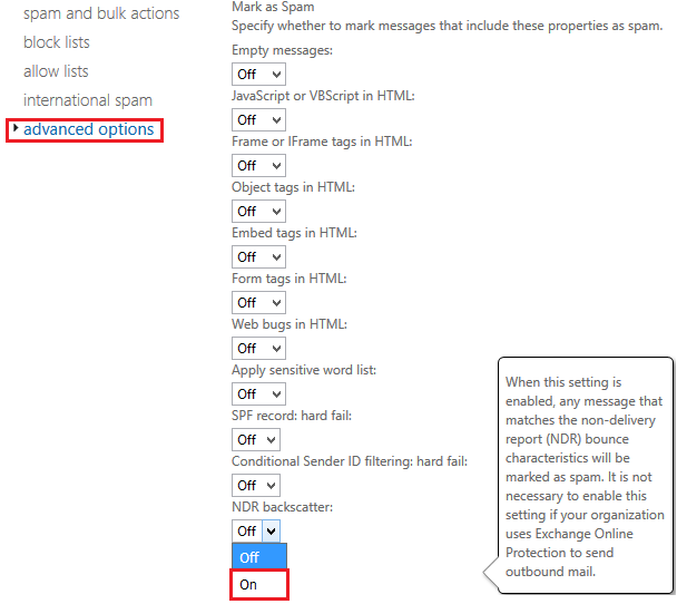 Exchange Online Protections: NDR backscatter storm protection advanced options image