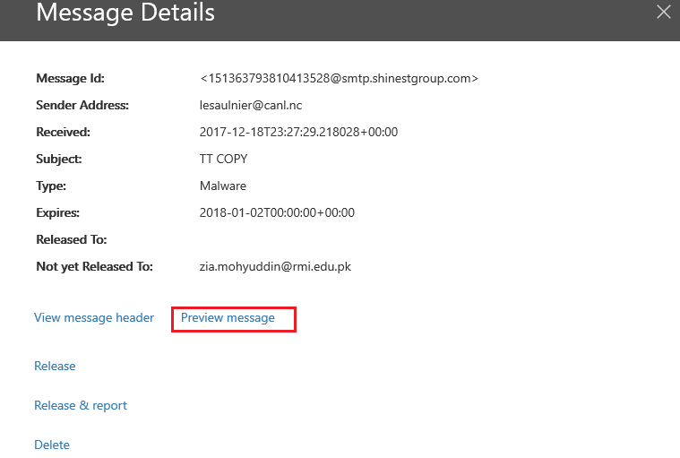 Exchange Online Protection: Quarantined Message Preview and Bulk Release Message details Image