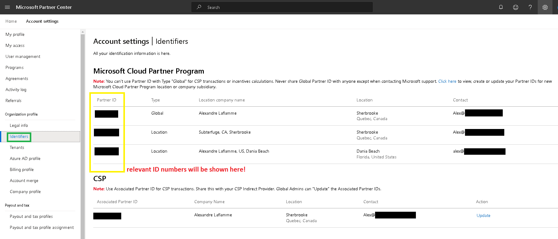 Screenshot of Microsoft Partner ID identifiers